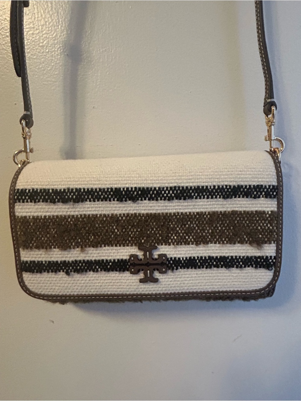 Tory Burch Cream, Brown & Black Striped Crossbody Bag
